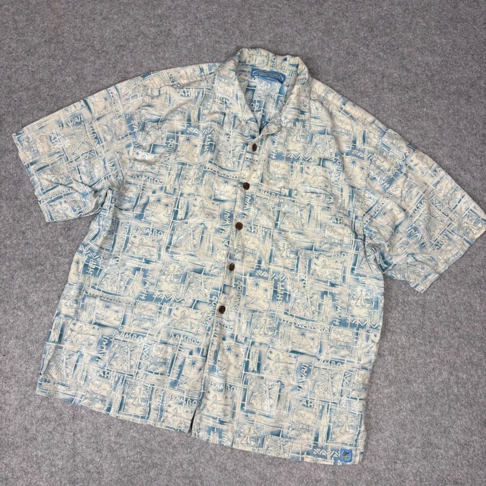 Bermuda Bay Mens Large Silk Hawaiian Shirt Blue Tropical Postcard Camp Button Up